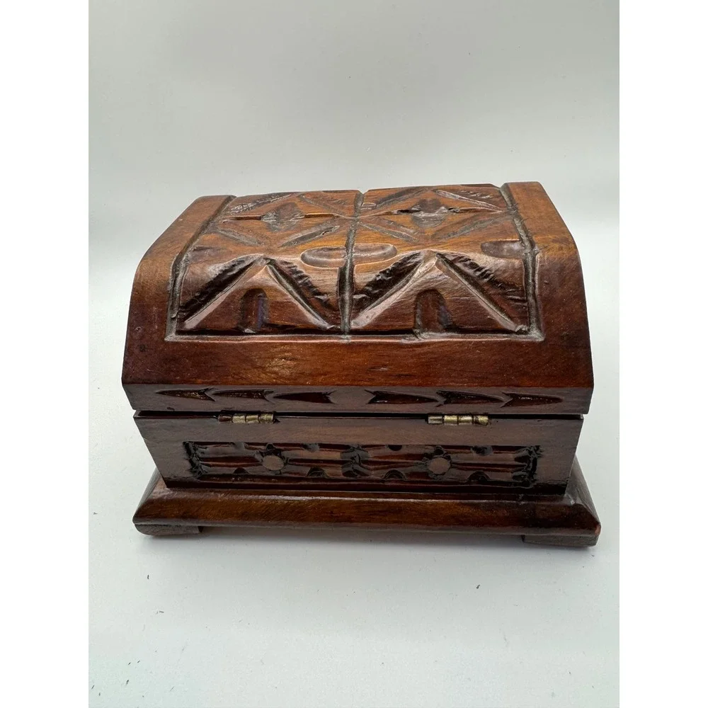 Hand Carved Wooden Jewelry Box Domed Lid Geometric‎ Trinket Keepsake Chest Brown